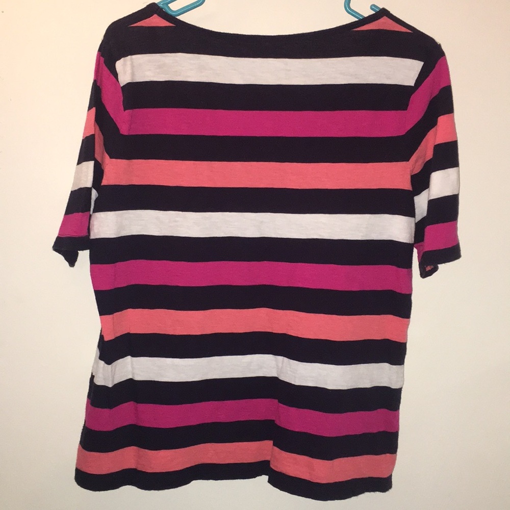 Short sleeve top, navy, white, pink&orange stripes